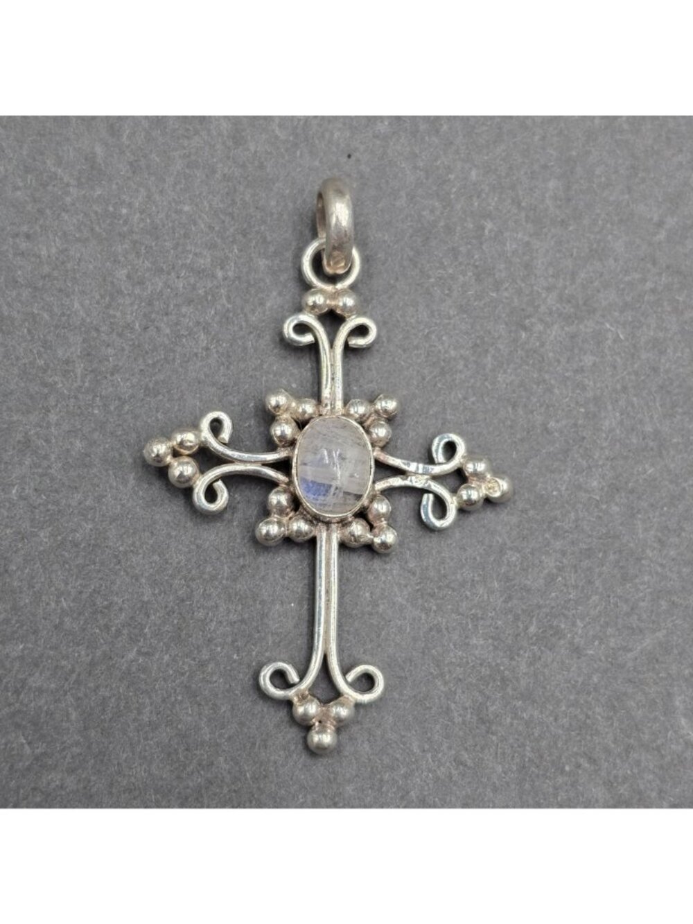 Vintage Sterling Silver Rainbow Moonstone Filigree Cross Gothic Pendant 1.75" - Picture 8 of 11